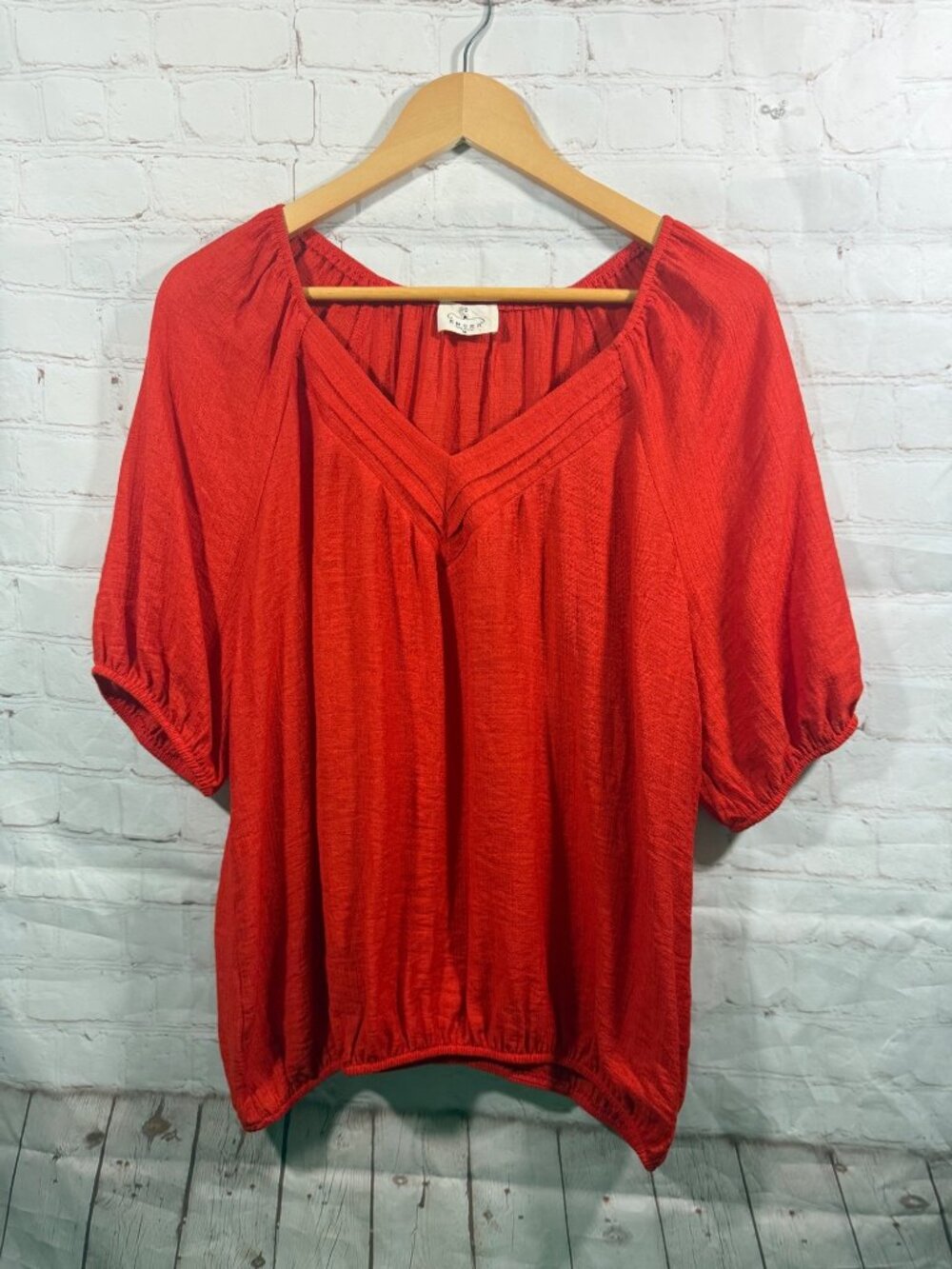 EMBER Orange V-Neck Peasant Blouse Womens Size XL  Short Balloon Sleeves